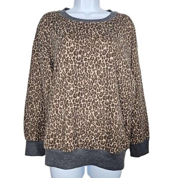 Splendid Leopard Animal Print Crewneck Sweater Brown Pullover Soft Women's Large - Picture 1 of 9